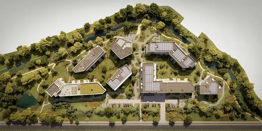 Voormalig kantoorcomplex in Woluwedal wordt omgetoverd tot nieuwe klimaatvriendelijke woonbuurt voor 199 gezinnen