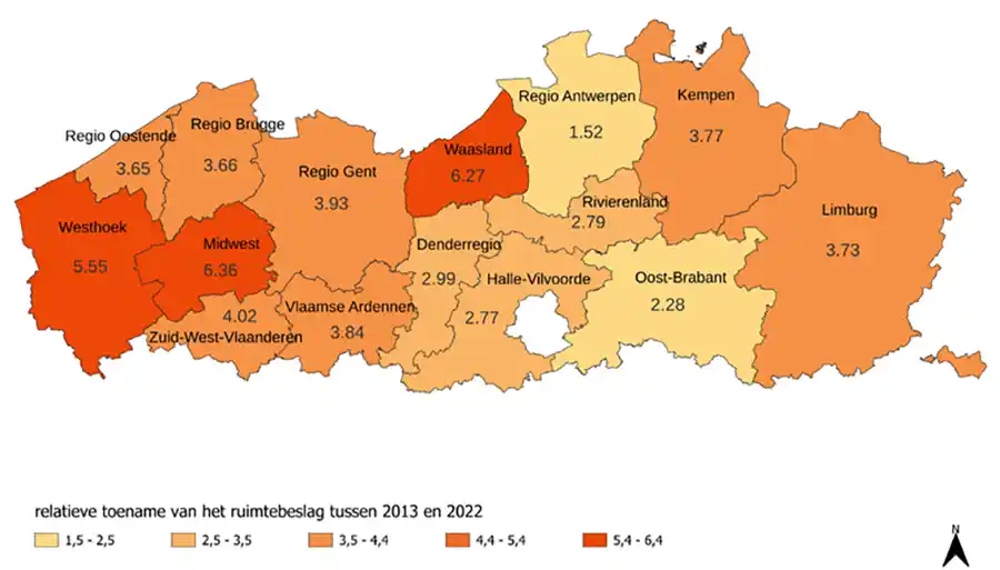 Ruimtebeslagsnelheid per regio voor 2013-2022