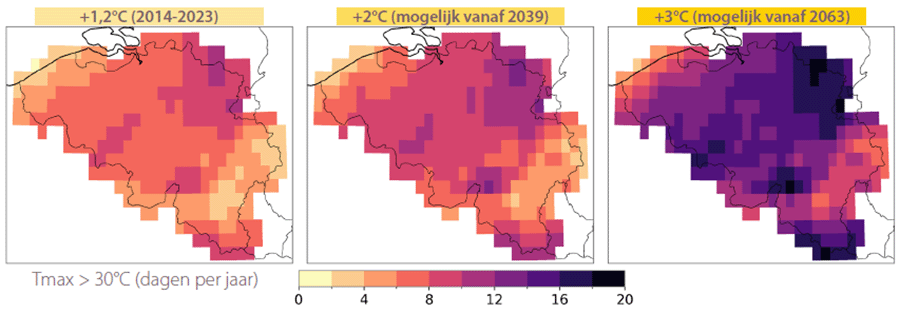 Jaarlijks aantal dagen met een overschrijding van de maximum temperatuur van 30°C