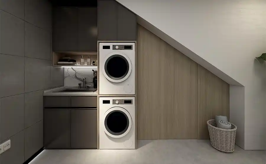 Slim ruimtegebruik in de wasruimte met geïntegreerde oplossingen voor wassen en drogen