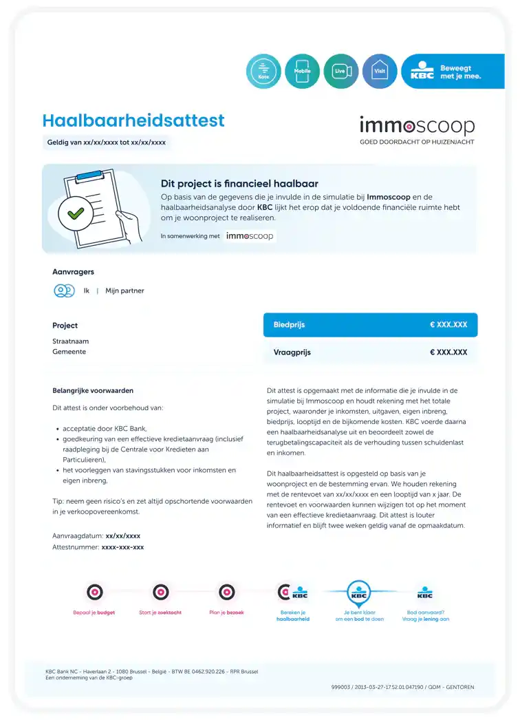 Haalbaarheidsattest van KBC en Immoscoop